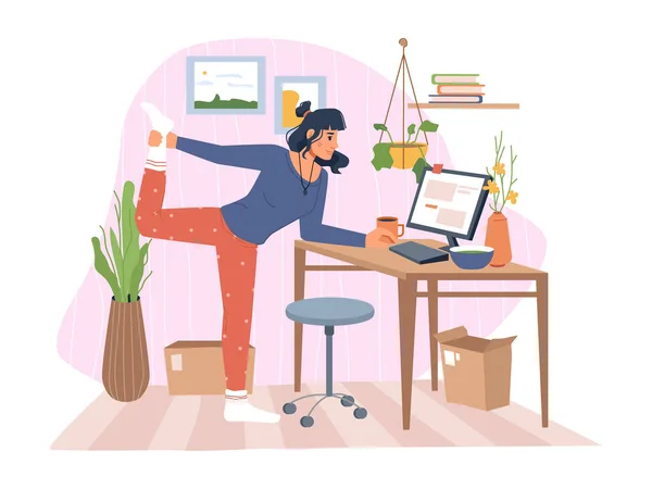 Stretching at workplace, working female character — Stock Vector
