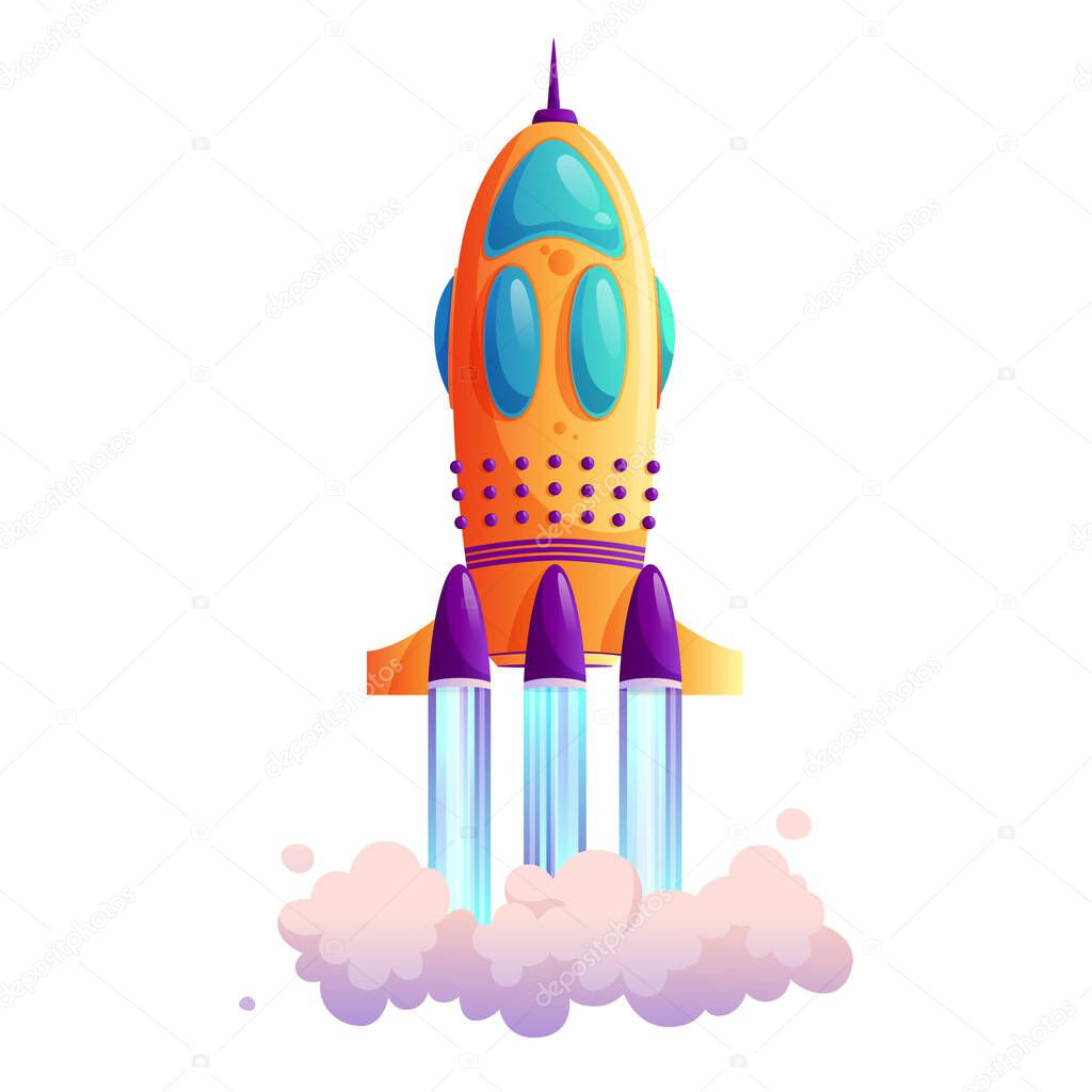 Takeoff of rocketship, traces and clouds, shuttle flight isolated cartoon icon. Vector new project or business startup concept, exploration of cosmos and space, innovation technology, vehicle liftoff