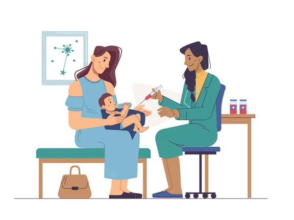 Vacunación del bebé recién nacido, enfermera inyectable — Vector de stock