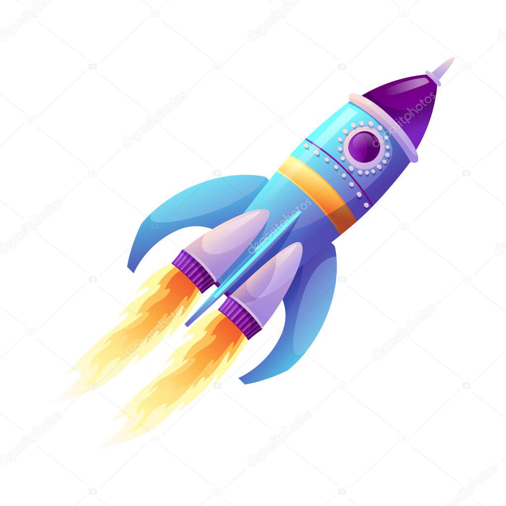 Rocket launch and fire flame, spaceship startup isolated spacecraft liftoff cartoon icon. Vector boosters in flight. Start of business, new project symbol. Takeoff of rocketship, spacecraft on speed