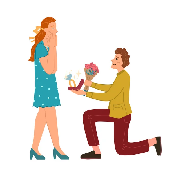 El hombre da flores anillo a la mujer, propuesta de matrimonio — Archivo Imágenes Vectoriales