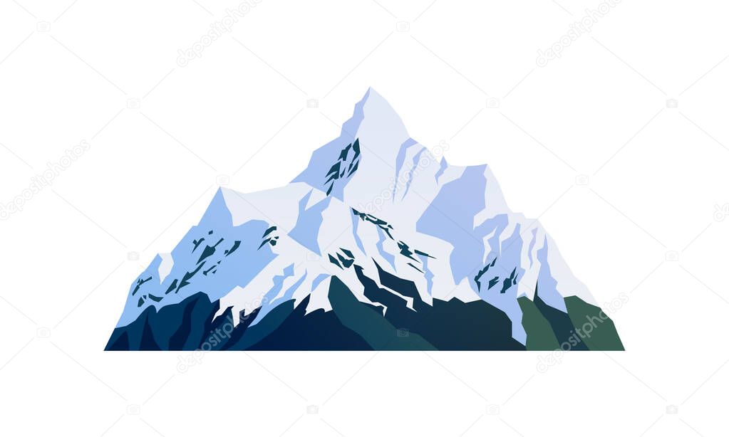 Mountain snow-capped peaks, snowy rocky cliffs isolated cartoon icon. Vector landscape, travel adventures sport, wild Alps. Mount ridge, hiking and climbing expedition scenery, wildlife winter peaks