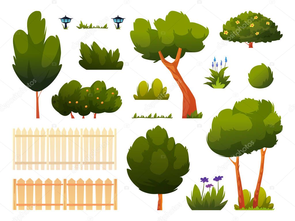 Garden, park backyard trees, fence and bushes icon