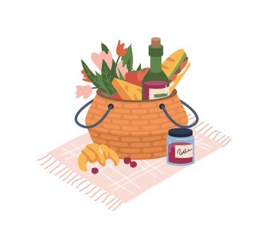 Piknik sepeti peçete, yiyecek ve içecekler, fırın