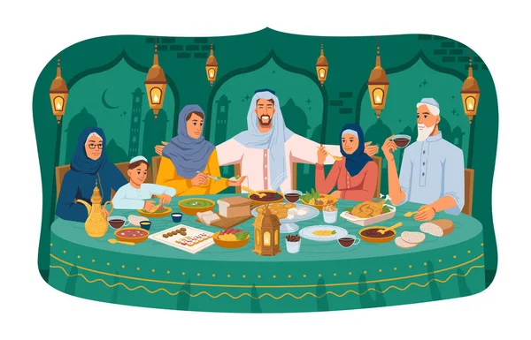 Арабская семья, сидящая за столом, отмечает праздник — стоковый вектор