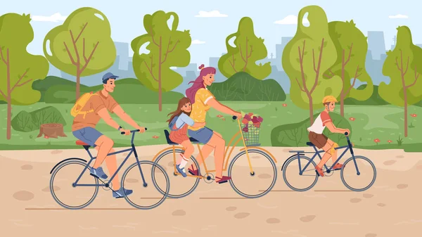 Ouders en kinderen rijden op fietsen in het park — Stockvector