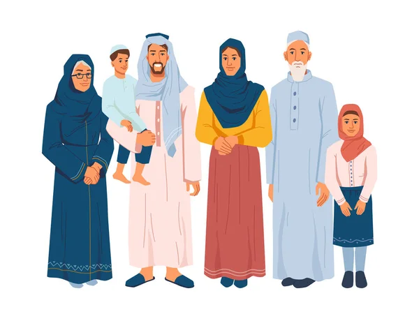 Famiglia musulmana felice, genitori, figli, nonni — Vettoriale Stock