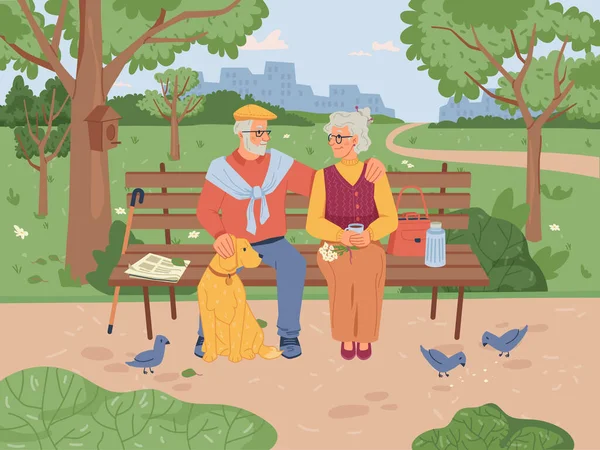 Пенсионеры сидят на скамейке в парке пожилые люди — стоковый вектор
