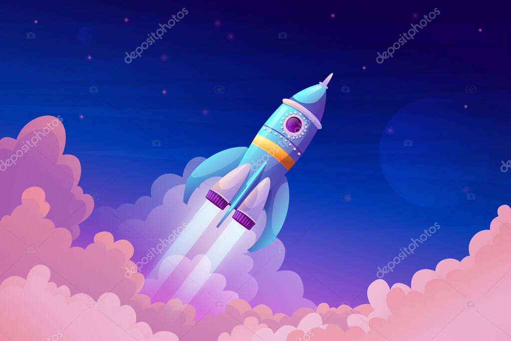 Space ship launch, rocket with fire trace and smoke in blue sky atmosphere. Vector takeoff of rocketship, flaming spacecraft and pink clouds. Booster in flight, symbol of business or new project start