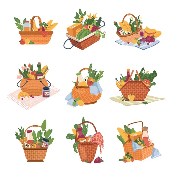 Cestas de picnic con alimentos y bebidas iconos aislados — Vector de stock