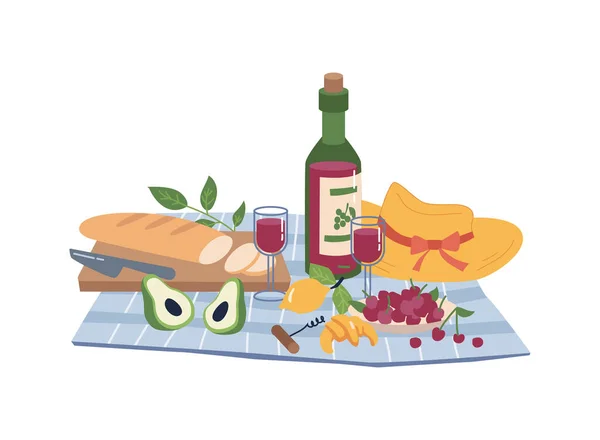纳普金打开酒瓶，面包，葡萄，野餐 — 图库矢量图片