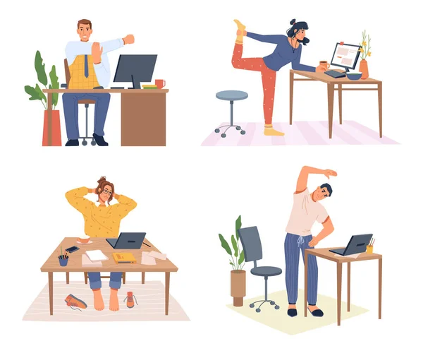 Stretching Mitarbeiter, die von zu Hause oder im Büro arbeiten — Stockvektor