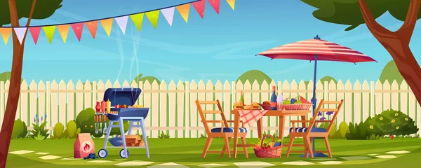 Tuinfeest bbq picknick geserveerd tafel, eten, drinken — Stockvector