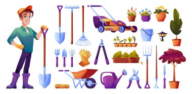 Bahçıvan ve bahçe aletleri izole çizgi film seti