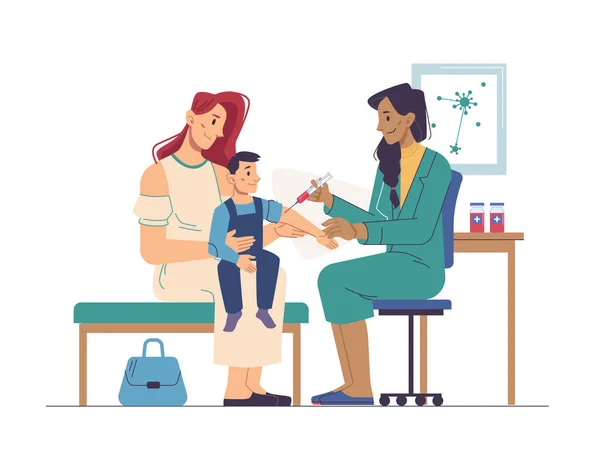 Covid vaccinatie, arts vaccineren jongen, injectie, preventie — Stockvector