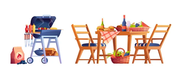 Picnic served table, bbq food and drinks, basket — Stock vektor
