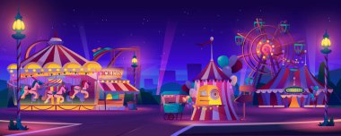 Night at city amusement park, circus and carousels clipart