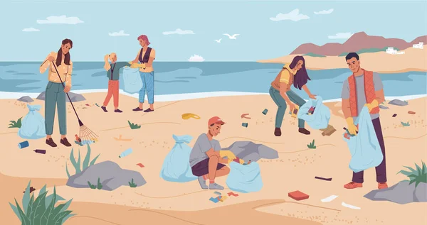Persone volontari personaggio dei cartoni animati pulizia spiaggia — Vettoriale Stock