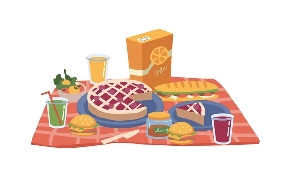 Picknick eten op deken, cake, sandwiches en sap — Stockvector