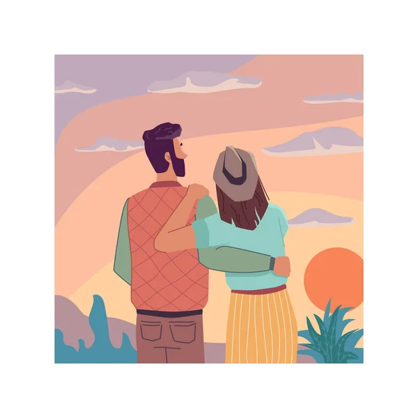 Ουράνιο τοπίο ηλιοβασίλεμα, χρονολόγηση ζευγάρι αγκαλιές μαζί — Διανυσματικό Αρχείο