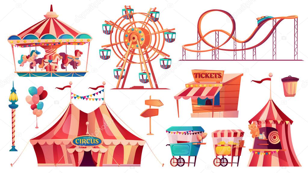 Amusement park icons set circus carousel food cart