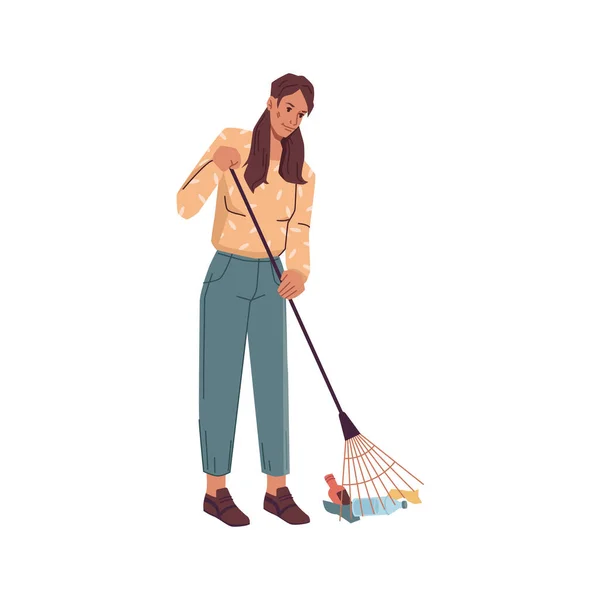 Γυναίκα με τσουγκράνα μαζεύει σκουπίδια απομονωμένα — Διανυσματικό Αρχείο