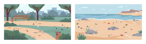 Ordures sur la plage littoral déchets sur le sol dans le parc — Image vectorielle