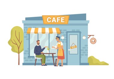 Garson masada müşteriye servis yapıyor. Çizgi film caddesi kafesi