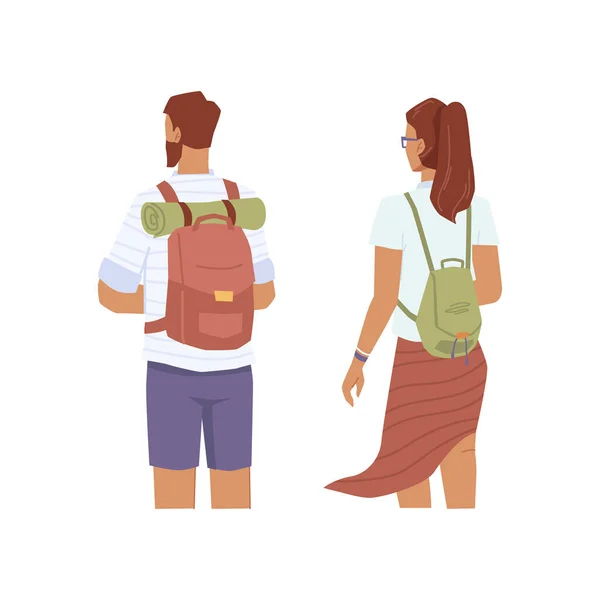 Pareja de personas con mochilas, viajeros turísticos — Archivo Imágenes Vectoriales