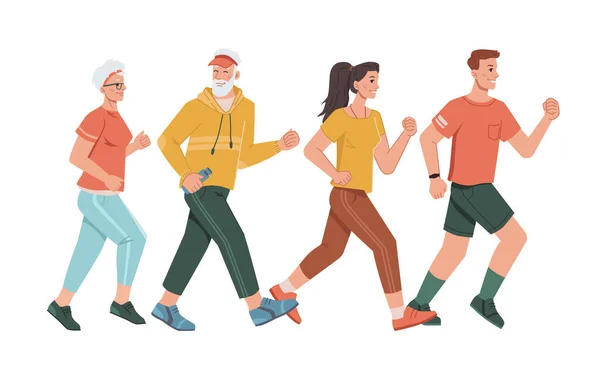 Corriendo familia de jogging, parejas jóvenes viejos aislados — Vector de stock
