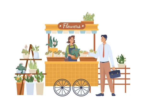 Vendedor e comprador na loja de flores ao ar livre, buquê — Vetor de Stock