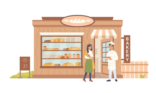 Kupujący i sprzedający w piekarni cukiernia cukiernia chleb sklep — Wektor stockowy