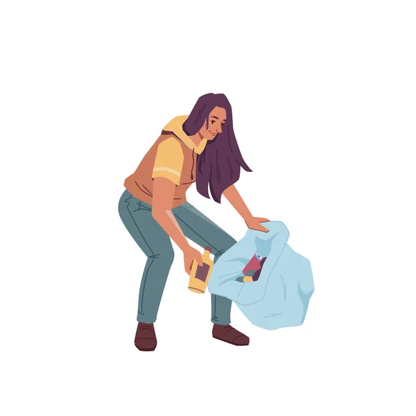 Vrouw met zak verzamelen vuilnis geïsoleerd — Stockvector
