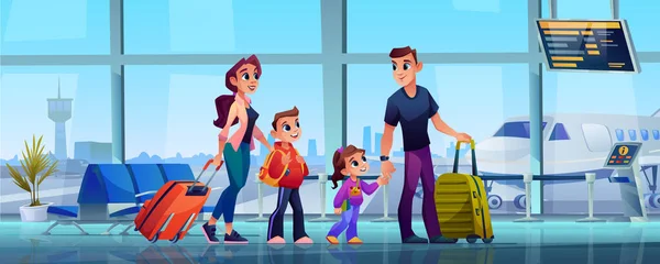 Família no terminal do aeroporto, pais crianças bagagem —  Vetores de Stock