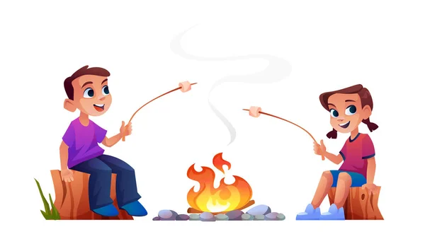 Crianças descansam na fogueira juntos marshmallow bbq — Vetor de Stock