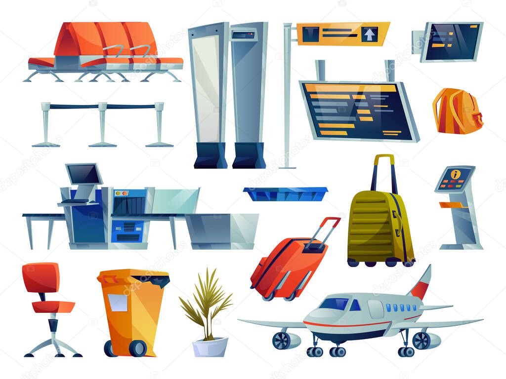 Airport icons set. Plane and luggage, check board