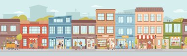 Small city shops and building, sellers and venders clipart
