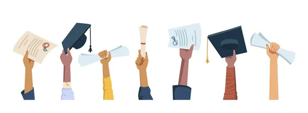 Mãos segurar tampas de papelão, diplomas, graduação — Vetor de Stock