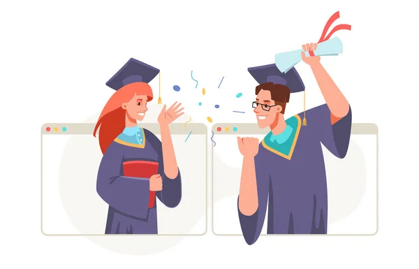 Laureati che celebrano cerimonia di laurea online — Vettoriale Stock