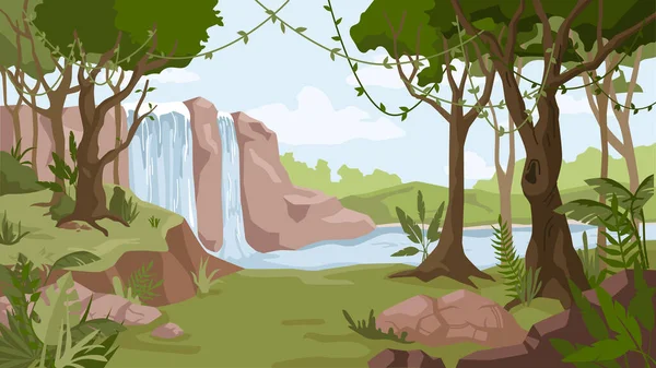 Джунгли пейзаж, водопад, речные потоки, лес — стоковый вектор