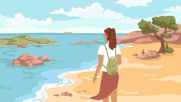 Mujer en la playa mirando al mar o al océano, barco lejos — Vector de stock