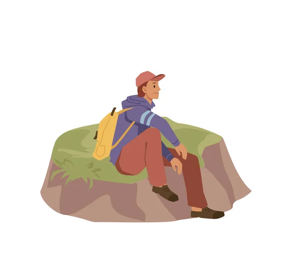 Turist man resenären sitter på kullen, vandrare klättrare — Stock vektor
