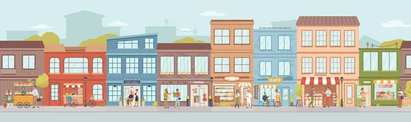 Petits commerces et bâtiments de la ville, vendeurs et vendeurs — Image vectorielle