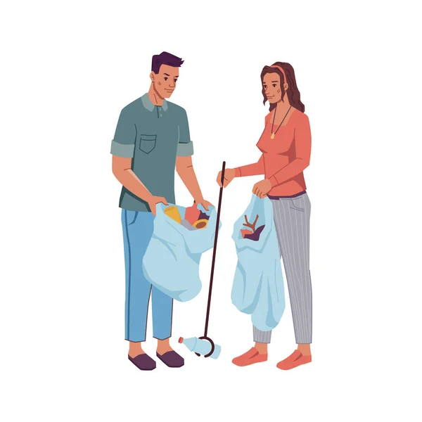 Volontari uomo e donna raccogliere lettiera in borsa — Vettoriale Stock