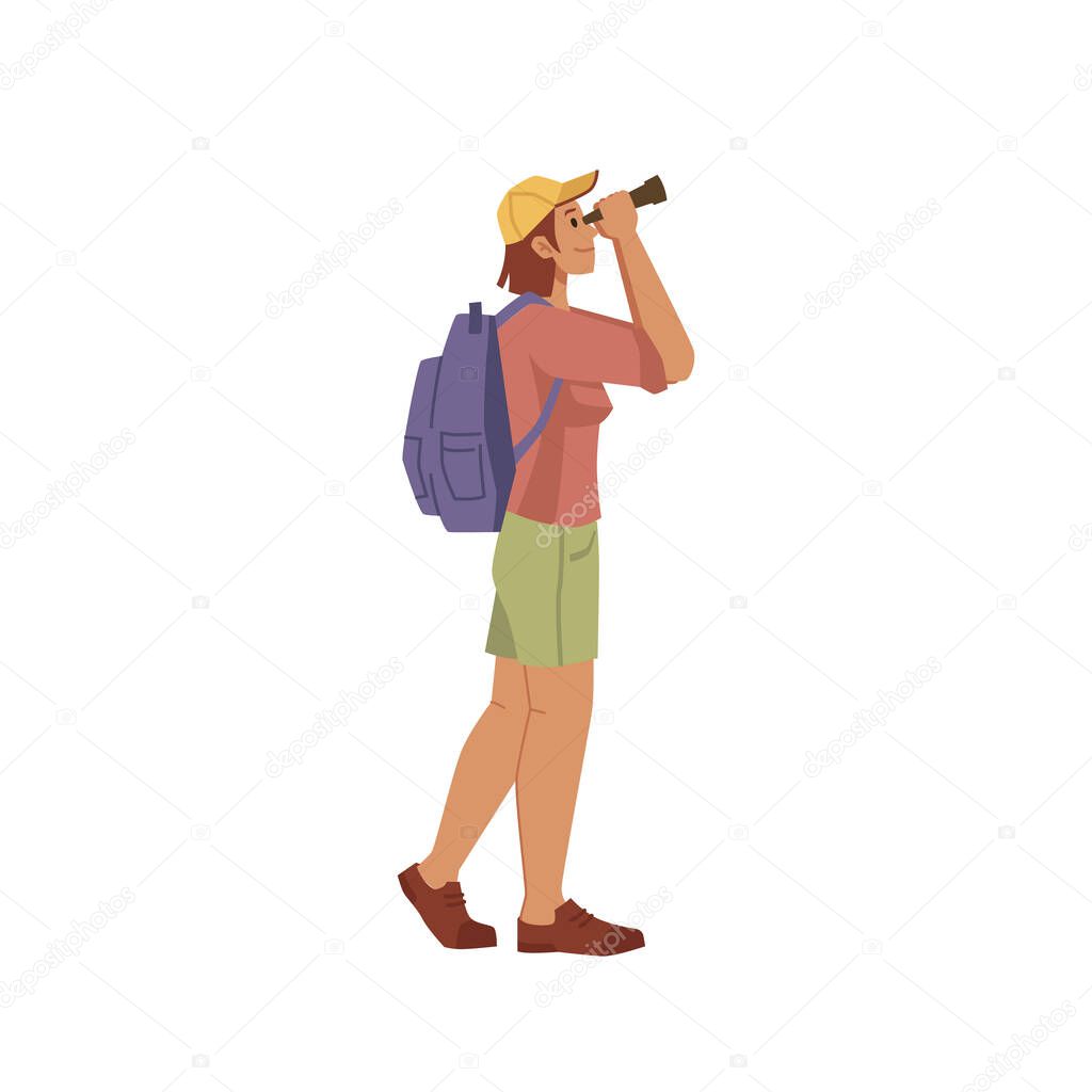 Tourist traveler look at binoculars cartoon person