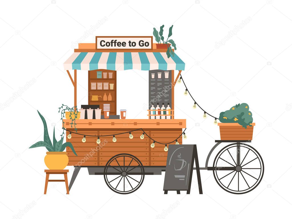 Coffee mobile bike kiosk isolated small takeout takeaway shop. Vector street food cart with awning, trolley small market on wheels with hot drinks and beverages. Potted plants and lamps garland
