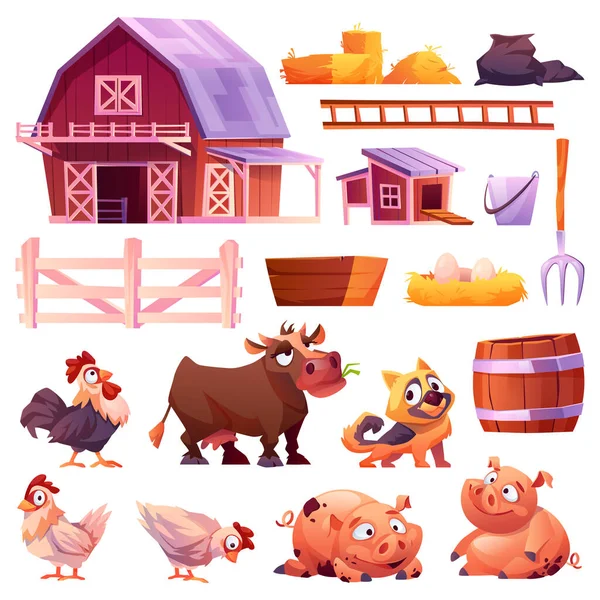 Conjunto de iconos aislados granja. Campo, animales, granero — Vector de stock