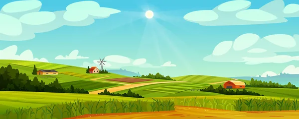 Rural landscape with farm houses, windmills, barns — Stock Vector