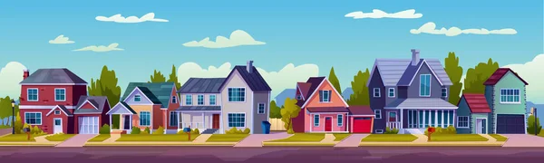 Suburban street scenery, houses and trees, daytime — Stock Vector