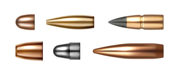 Conjunto de balas de cobre, tipos de munición, cartuchos iconos — Vector de stock